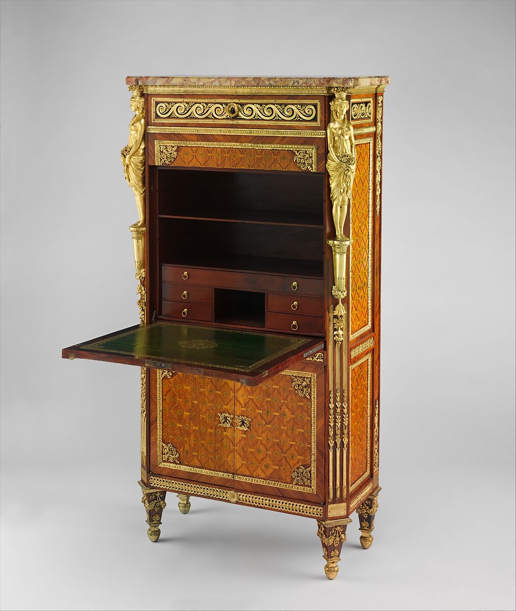Drop-front secretary (secrétaire à abattant or secrétaire en armoire), Guillaume Benneman (active 1785, died 1811), Oak veneered with tulipwood, kingwood, holly partly stained green, ebony, and mahogany; brèche d'Alep marble (not original); modern leather; gilt-bronze mounts, French, Paris