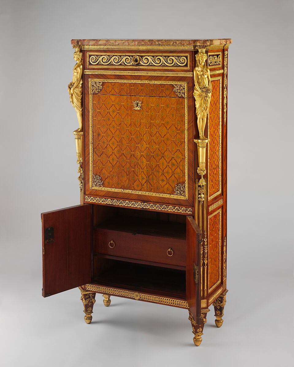 Drop-front secretary (secrétaire à abattant or secrétaire en armoire), Guillaume Benneman (active 1785, died 1811), Oak veneered with tulipwood, kingwood, holly partly stained green, ebony, and mahogany; brèche d'Alep marble (not original); modern leather; gilt-bronze mounts, French, Paris