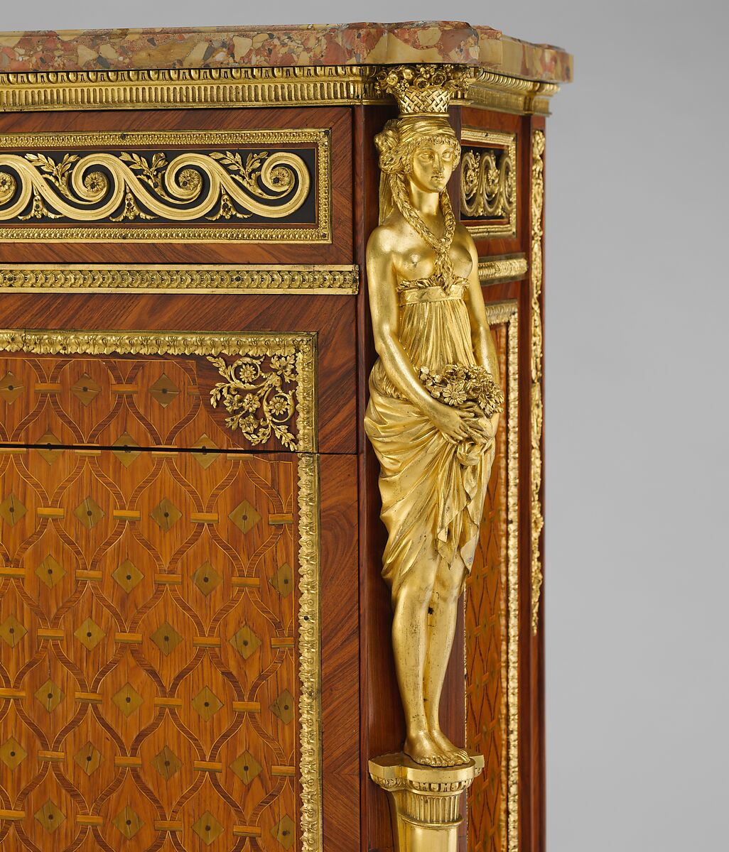 Drop-front secretary (secrétaire à abattant or secrétaire en armoire), Guillaume Benneman (active 1785, died 1811), Oak veneered with tulipwood, kingwood, holly partly stained green, ebony, and mahogany; brèche d'Alep marble (not original); modern leather; gilt-bronze mounts, French, Paris