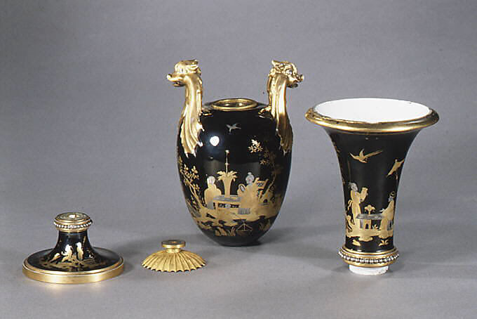 Vase (vase chinois) (one of a pair), Sèvres Manufactory (French, 1740–present), Hard-paste porcelain decorated in black enamel, platinum, two tones of gold; gilt metal; interior metal rod, French, Sèvres