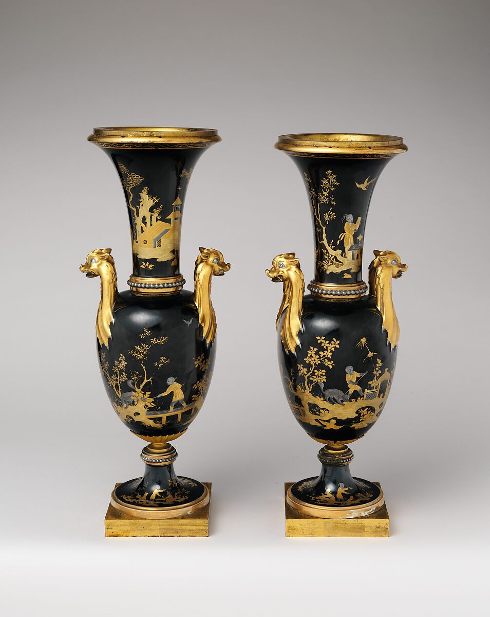 Vase (vase chinois) (one of a pair), Sèvres Manufactory (French, 1740–present), Hard-paste porcelain decorated in black enamel, platinum, two tones of gold; gilt metal; interior metal rod, French, Sèvres 