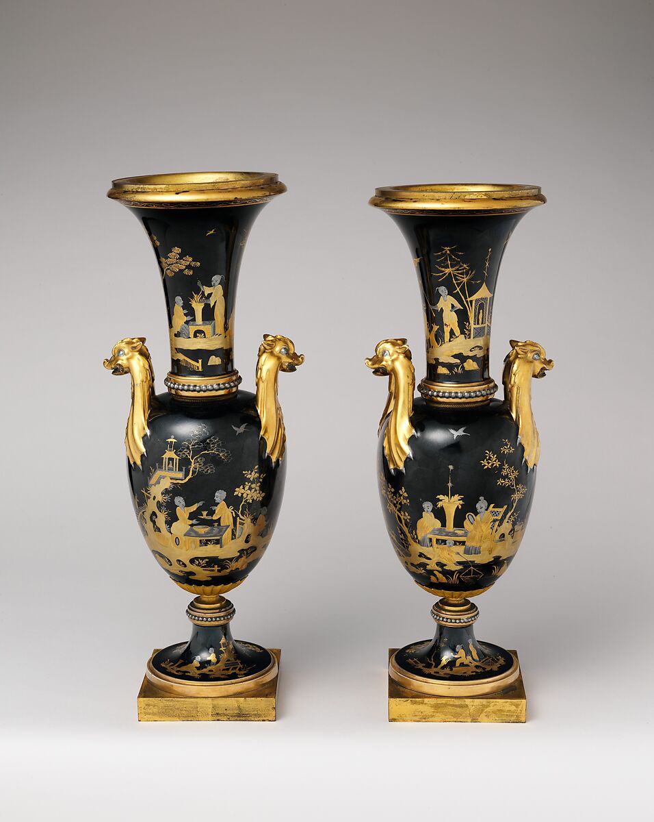 Vase (vase chinois) (one of a pair), Sèvres Manufactory (French, 1740–present), Hard-paste porcelain decorated in black enamel, platinum, two tones of gold; gilt metal; interior metal rod, French, Sèvres