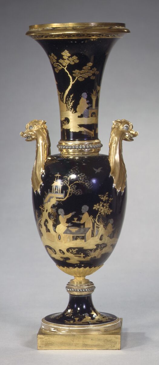 Vase (vase chinois) (one of a pair), Sèvres Manufactory  French, Hard-paste porcelain decorated in black enamel, platinum, two tones of gold; gilt metal; interior metal rod, French, Sèvres