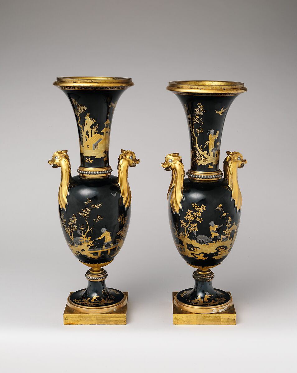 Vase (vase chinois) (one of a pair), Sèvres Manufactory (French, 1740–present), Hard-paste porcelain decorated in black enamel, platinum, two tones of gold; gilt metal; interior metal rod, French, Sèvres