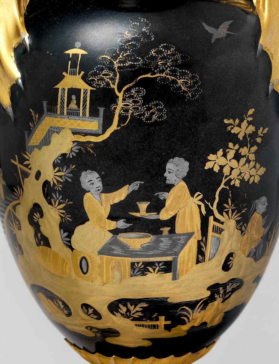 Vase (vase chinois) (one of a pair), Sèvres Manufactory (French, 1740–present), Hard-paste porcelain decorated in black enamel, platinum, two tones of gold; gilt metal; interior metal rod, French, Sèvres