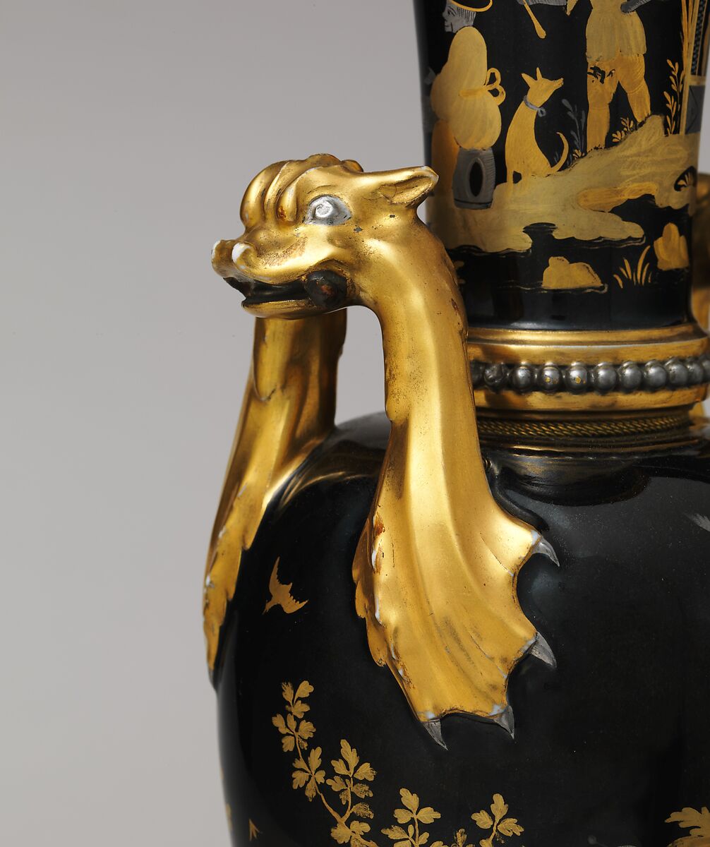 Vase (vase chinois) (one of a pair), Sèvres Manufactory (French, 1740–present), Hard-paste porcelain decorated in black enamel, platinum, two tones of gold; gilt metal; interior metal rod, French, Sèvres