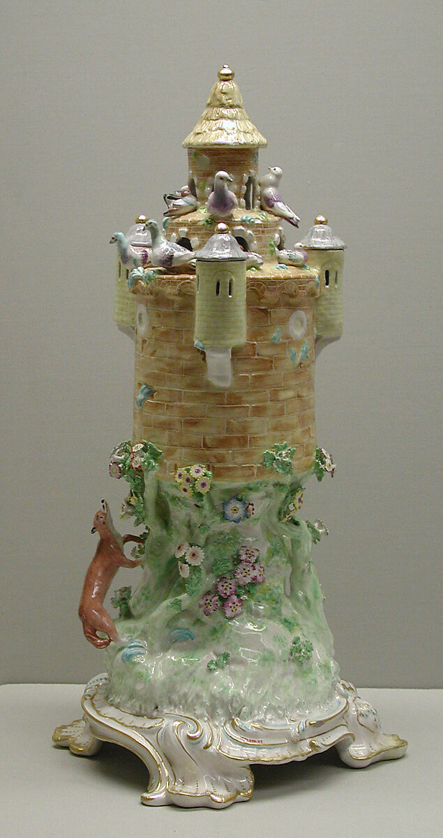 Perfume burner in the form of a dove-cote, Chelsea Porcelain Manufactory (British, 1745–1784, Gold Anchor Period, 1759–69), Soft-paste porcelain, British, Chelsea