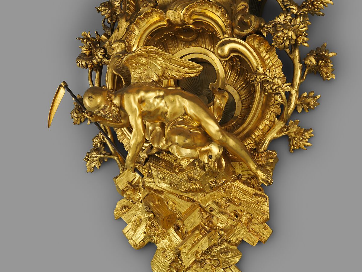 Wall clock (pendule en cartel), Clockmaker: Jean Godde l'aîné (French, ca. 1668–1748/49), Case: gilded bronze, oak, and tortoiseshell on brass marquetry on oak; Dial: white enamel and gilded brass with blued-steel hands; Movement: brass and steel, French, Paris