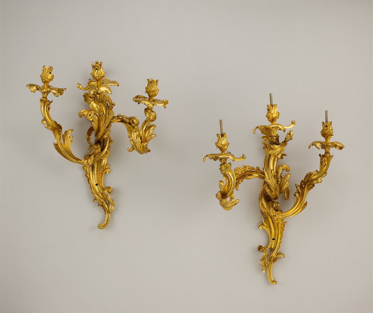 Pair of three-light wall brackets, Gilt bronze, French 