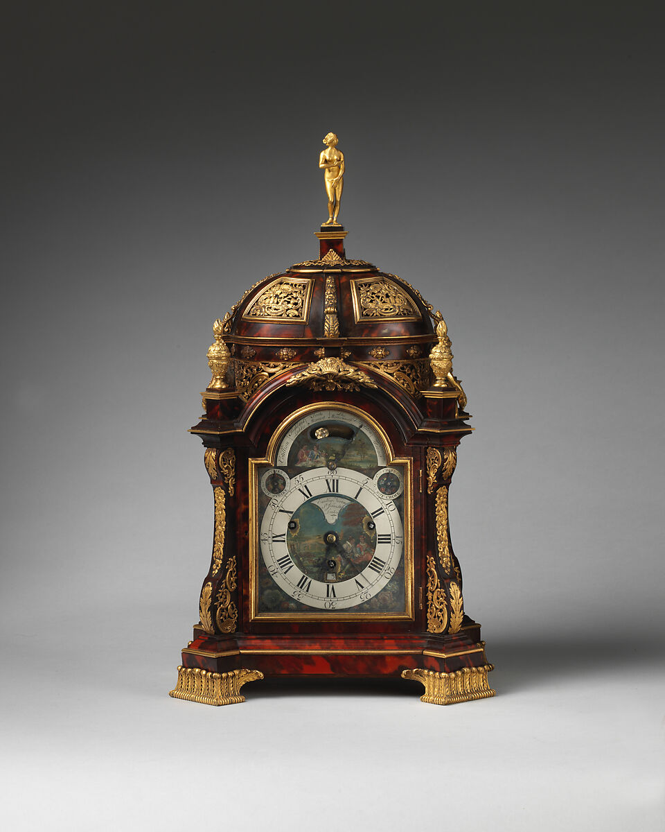 Musical bracket or table clock, Clockmaker: Eardley Norton (British, Lincolnshire 1728–1792 London), Tortoiseshell and engraved crystal, gilt-bronze mounts, British, London 