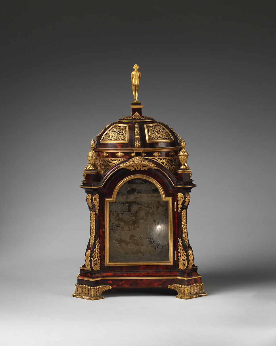 Musical bracket or table clock with calendar and repeating work, Clockmaker: Eardley Norton (British, Lincolnshire 1728–1792 London), Tortoiseshell veneer and engraved crystal, gilt-bronze mounts; painted dial, British, London