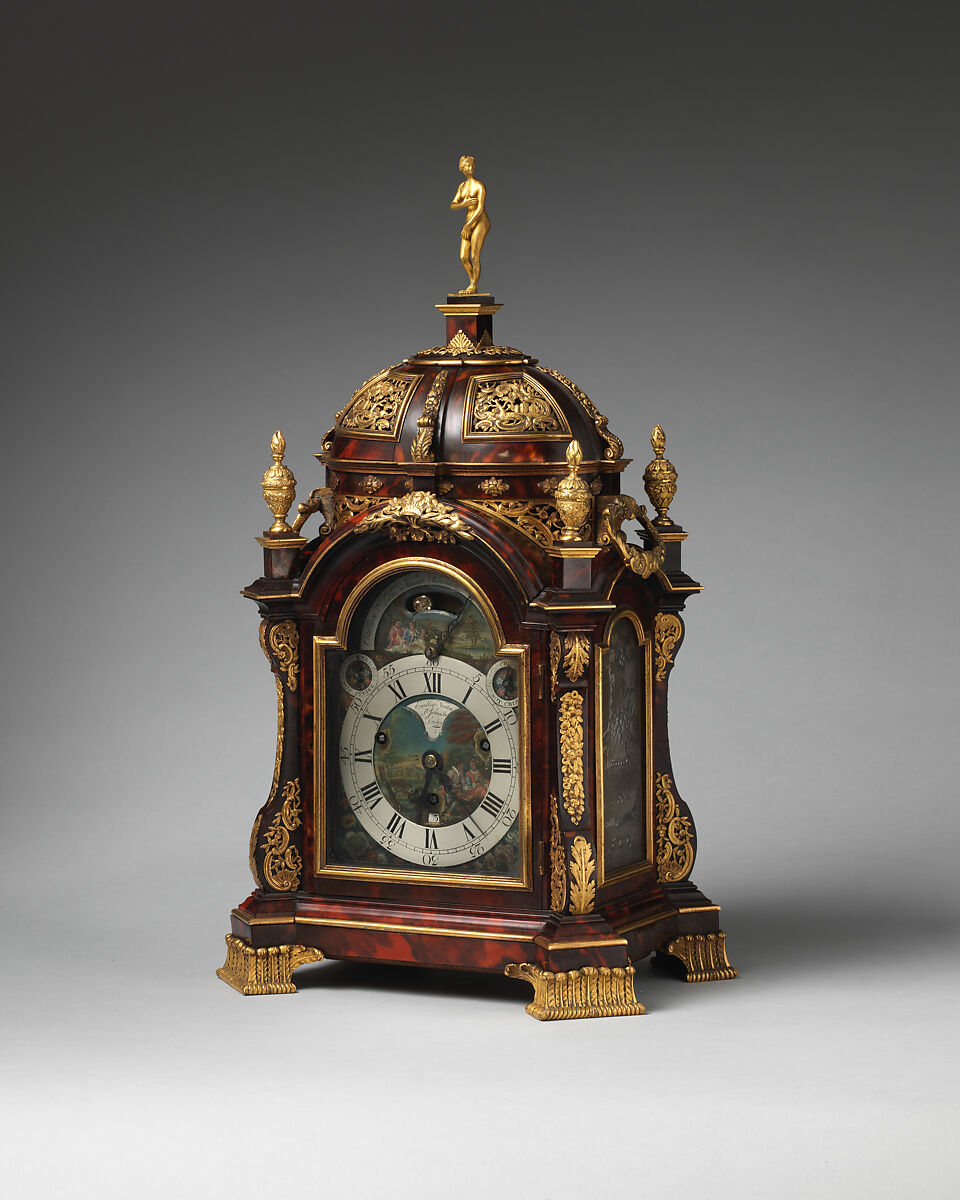 Musical bracket or table clock with calendar and repeating work, Clockmaker: Eardley Norton (British, Lincolnshire 1728–1792 London), Tortoiseshell veneer and engraved crystal, gilt-bronze mounts; painted dial, British, London