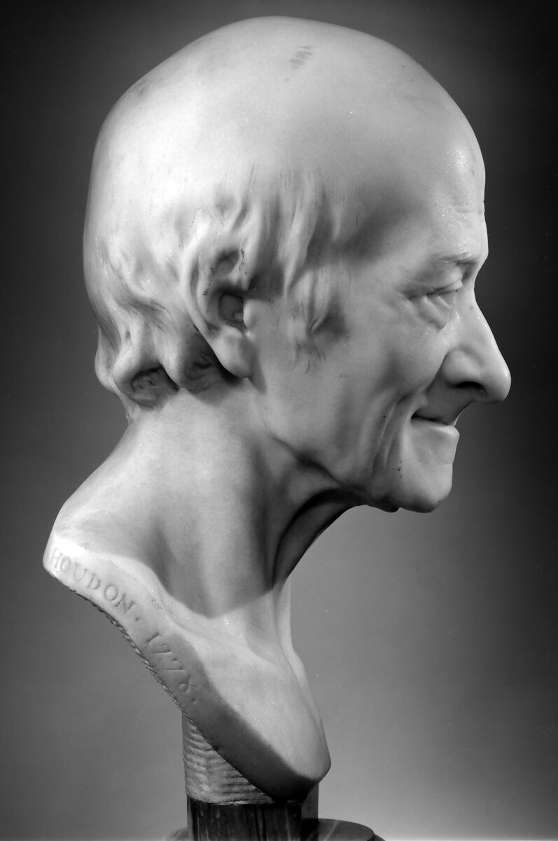 Voltaire (François-Marie Arouet) (1694–1778), Jean Antoine Houdon (French, Versailles 1741–1828 Paris), Marble, on grey marble socle, French, Paris