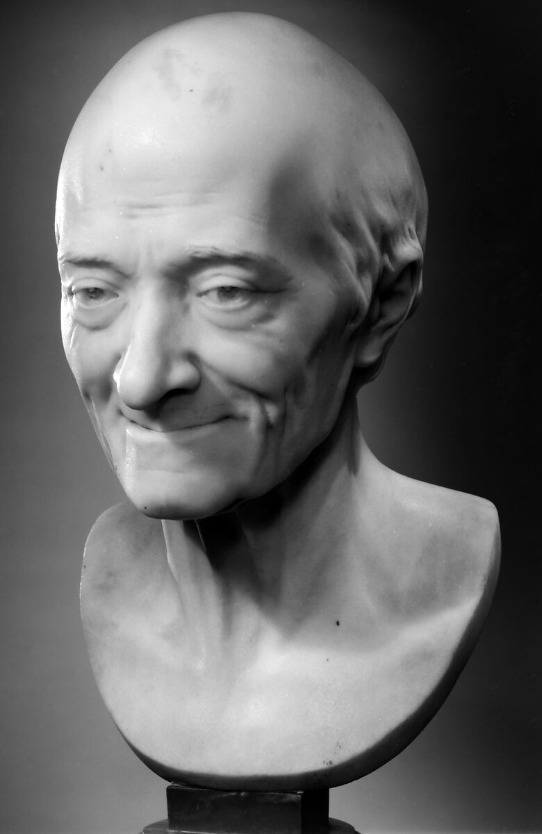Voltaire (François-Marie Arouet) (1694–1778), Jean Antoine Houdon (French, Versailles 1741–1828 Paris), Marble, on grey marble socle, French, Paris