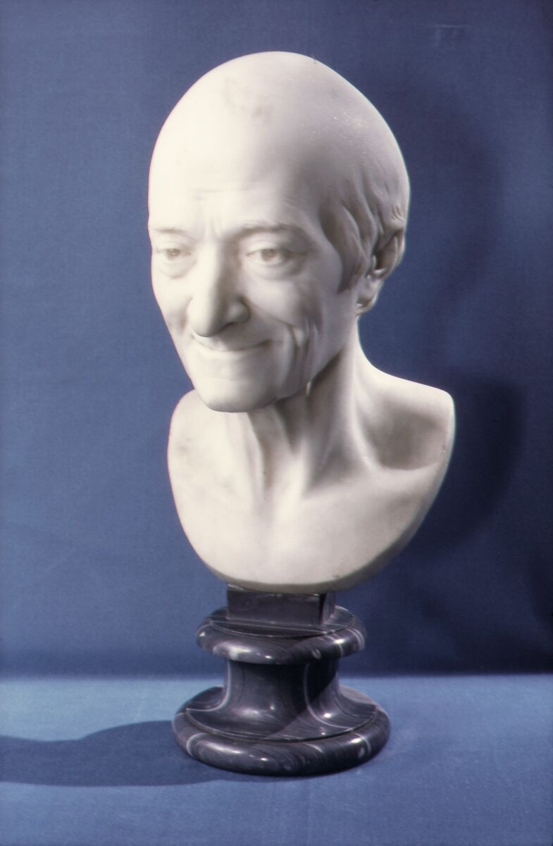 Voltaire (François Marie Arouet de Voltaire) (1696–1778), Jean Antoine Houdon (French, Versailles 1741–1828 Paris), Marble, on grey marble socle, French, Paris 