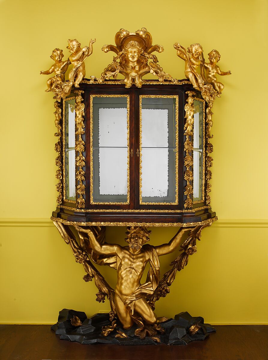 Showcase on stand (Scarabattola), Walnut; carved, painted, and gilded linden wood; mirror glass, Italian, Rome 