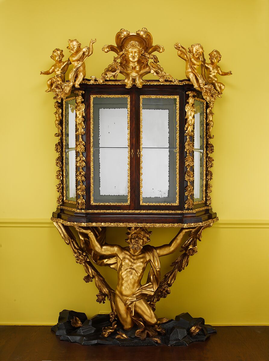 Showcase on stand (Scarabattola), Walnut; carved, painted, and gilded linden wood; mirror glass, Italian, Rome