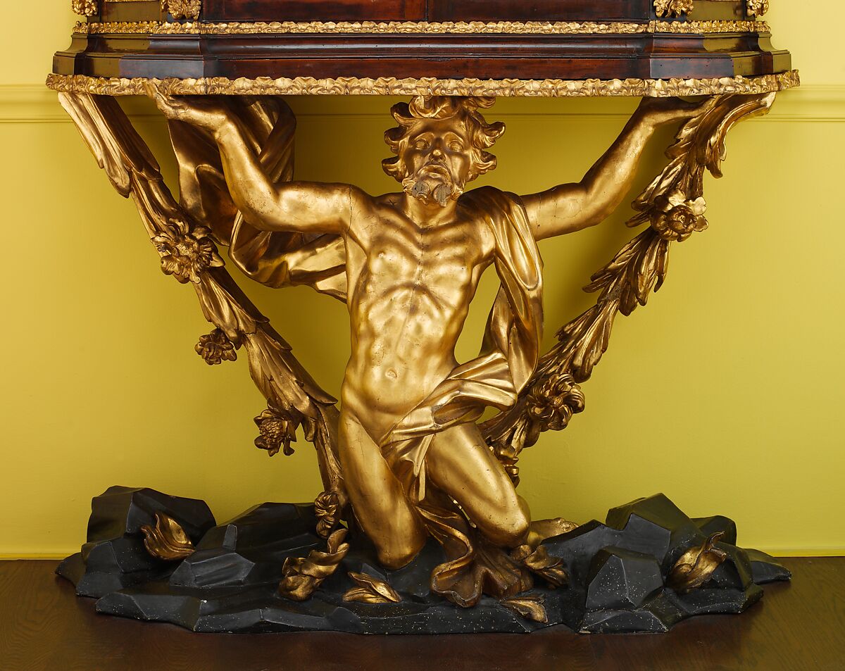 Showcase on stand (Scarabattola), Walnut; carved, painted, and gilded linden wood; mirror glass, Italian, Rome