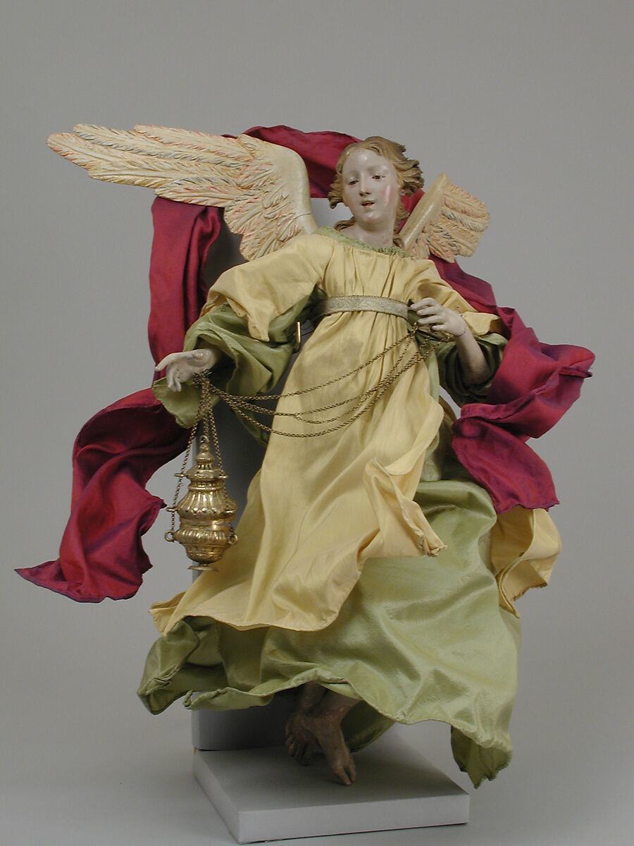 Angel, Polychromed terracotta head; wooden limbs and wings; straw and various fabrics; silver-gilt censer, Italian, Naples 