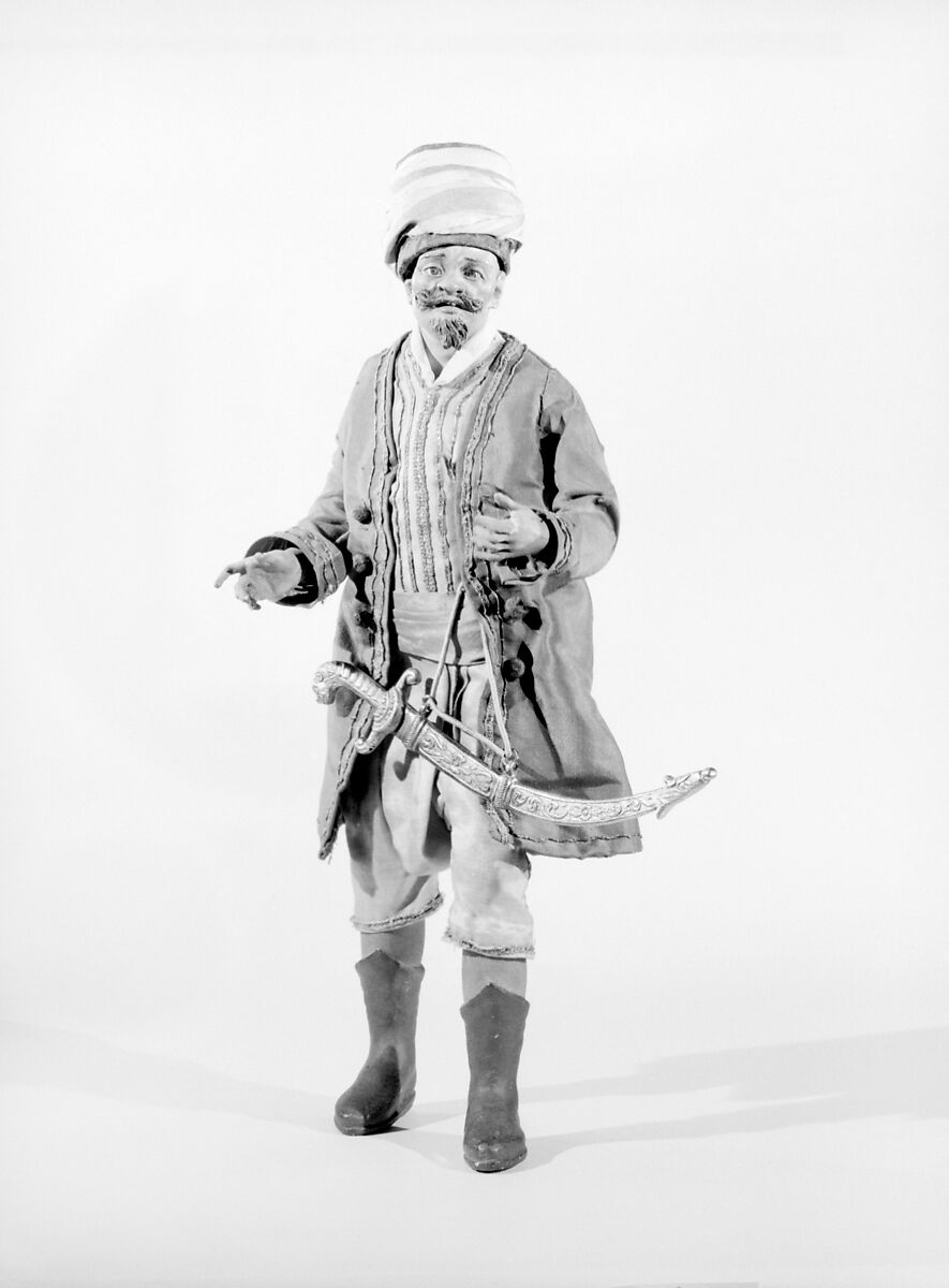 Man with turban hat, Polychromed terracotta head; wooden limbs; body of wire wrapped in tow; various fabrics, Italian, Naples