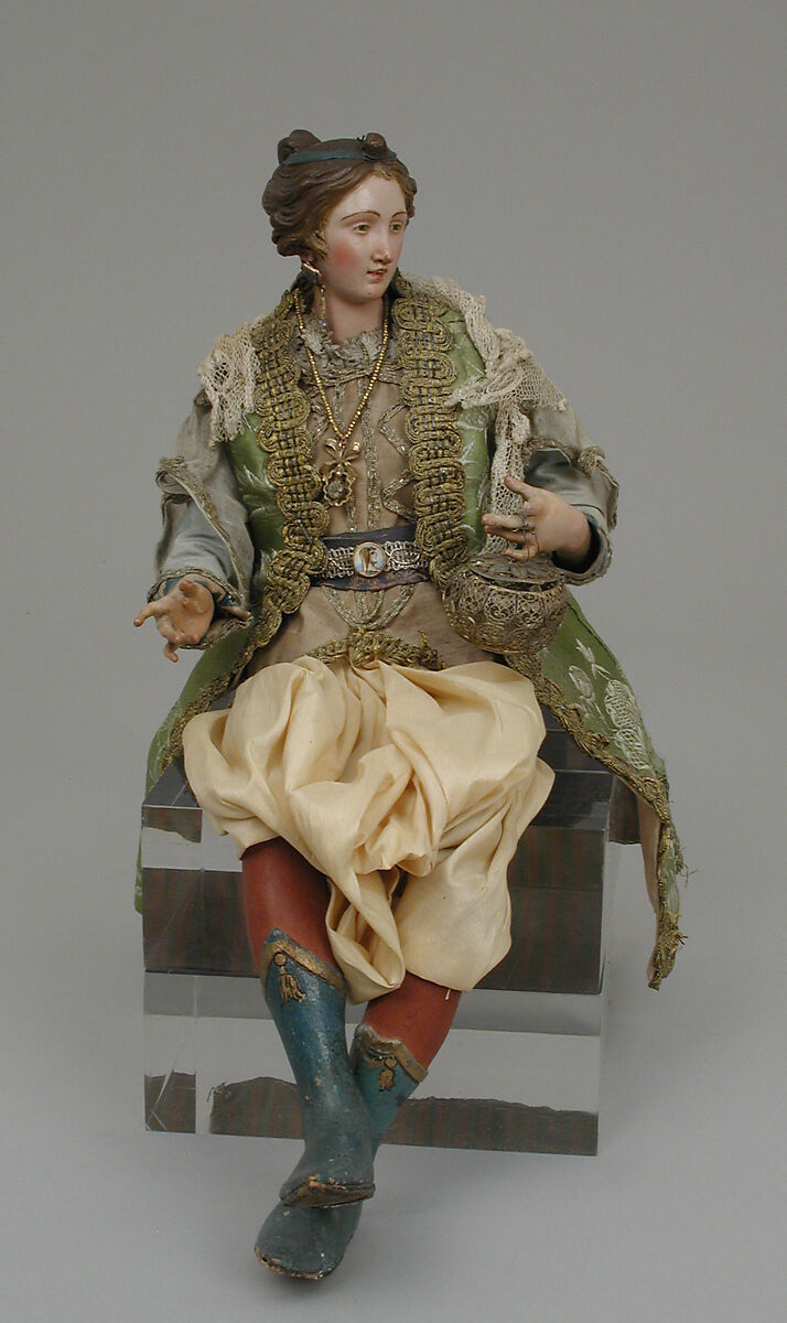 Lady seated in a howdah, Polychromed terracotta head; wooden limbs; body of wire wrapped in tow; various fabrics; silver, Italian, Naples