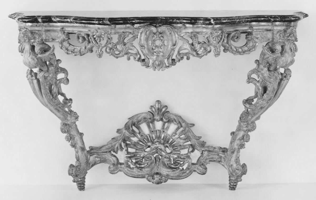 Console table (one of a pair), François Rournier, Carved and gilded oak, verde antico marble top, French