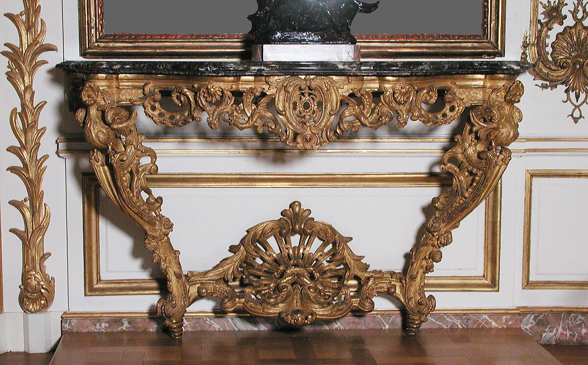 Console table (one of a pair), possibly by François Rournier (active 1716–46), Carved and gilded oak, verde antico marble top, French