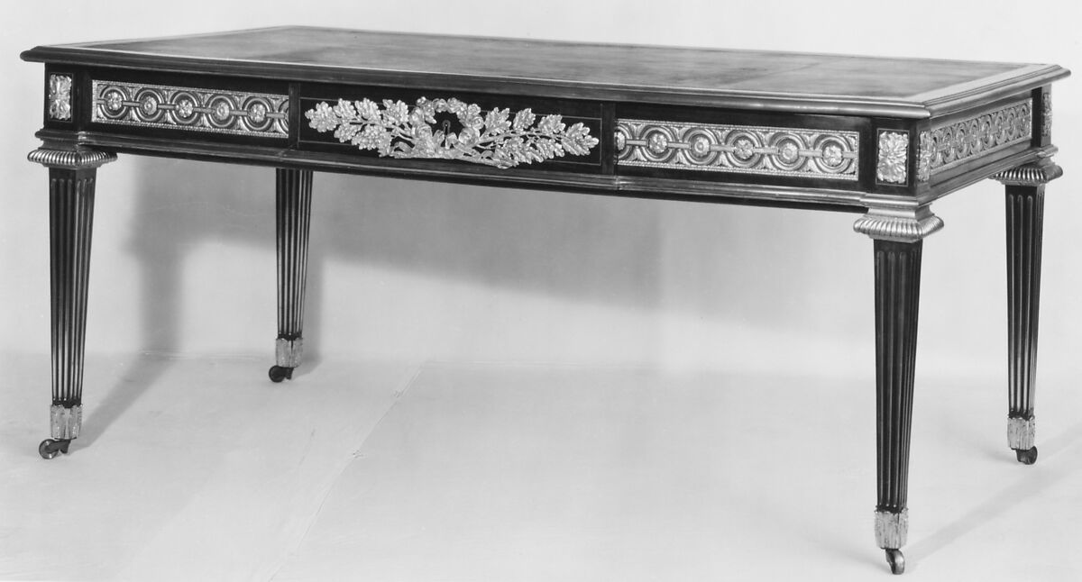 Writing table (bureau plat), Jean-François Leleu (1729–1807, master 1764), Oak, veneered with mahogany, sycamore and holly; gilt bronze, leather, French 