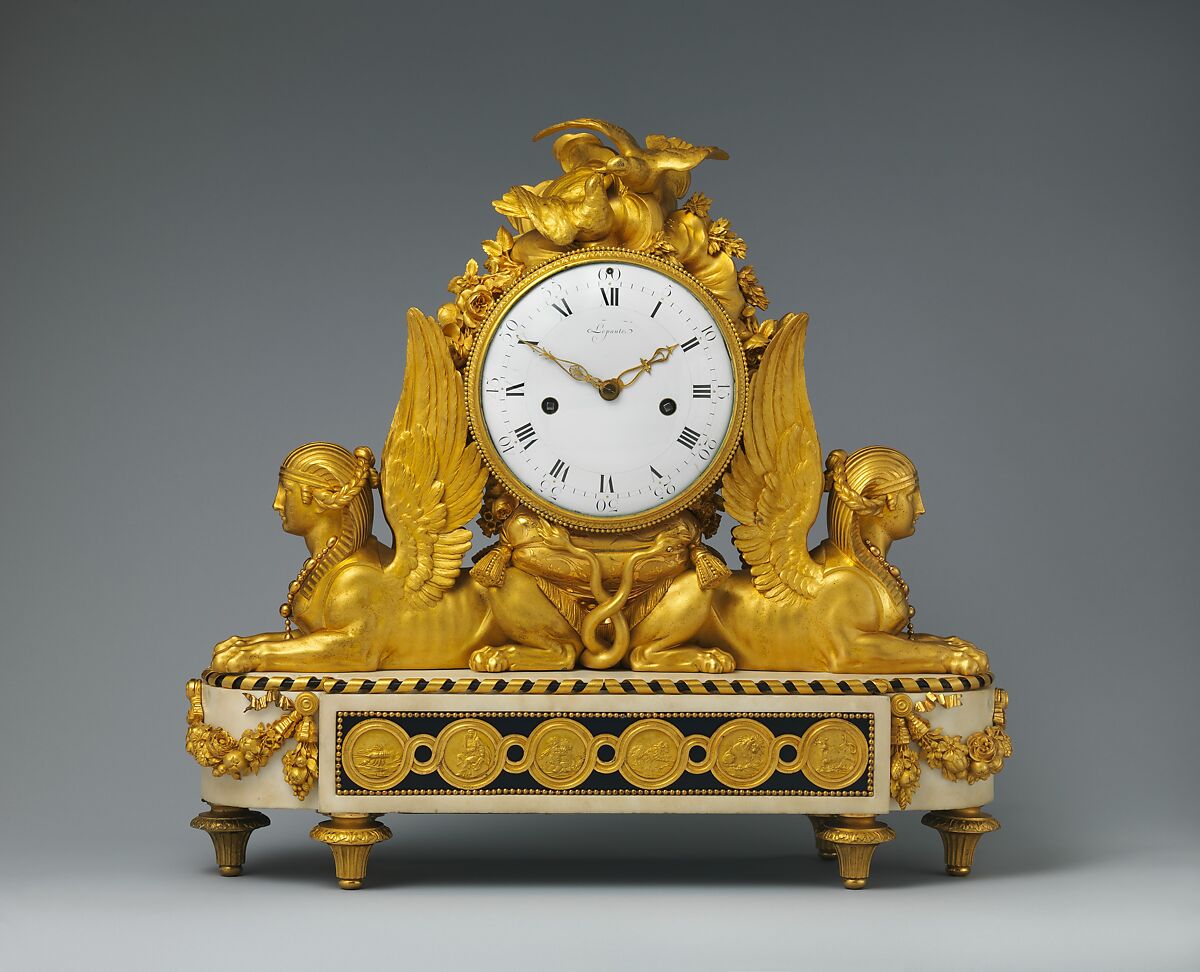 Mantel clock (pendule de cheminée), Designed by François Joseph Belanger (French, Paris 1744–1818 Paris), Gilt bronze, marble, and painted metal; enamel dial; brass and steel movement, French, Paris 