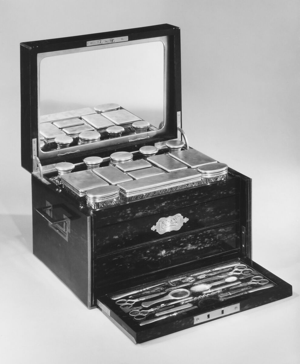 Traveling set case, Hunt &amp; Roskell, Ebony veneer, brass, British, London 