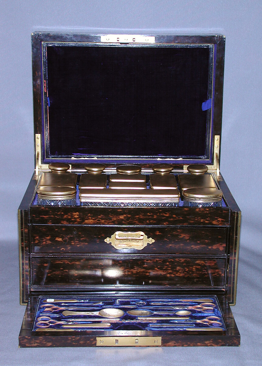 Traveling set case, Hunt &amp; Roskell, Ebony veneer, brass, British, London