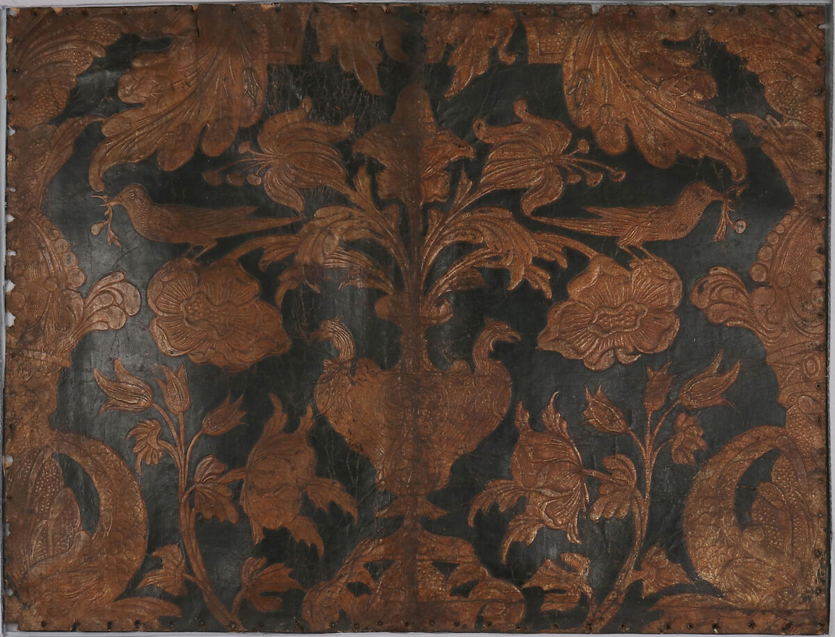 Three leather panels, Leather mounted on canvas and wooden frames, probably French