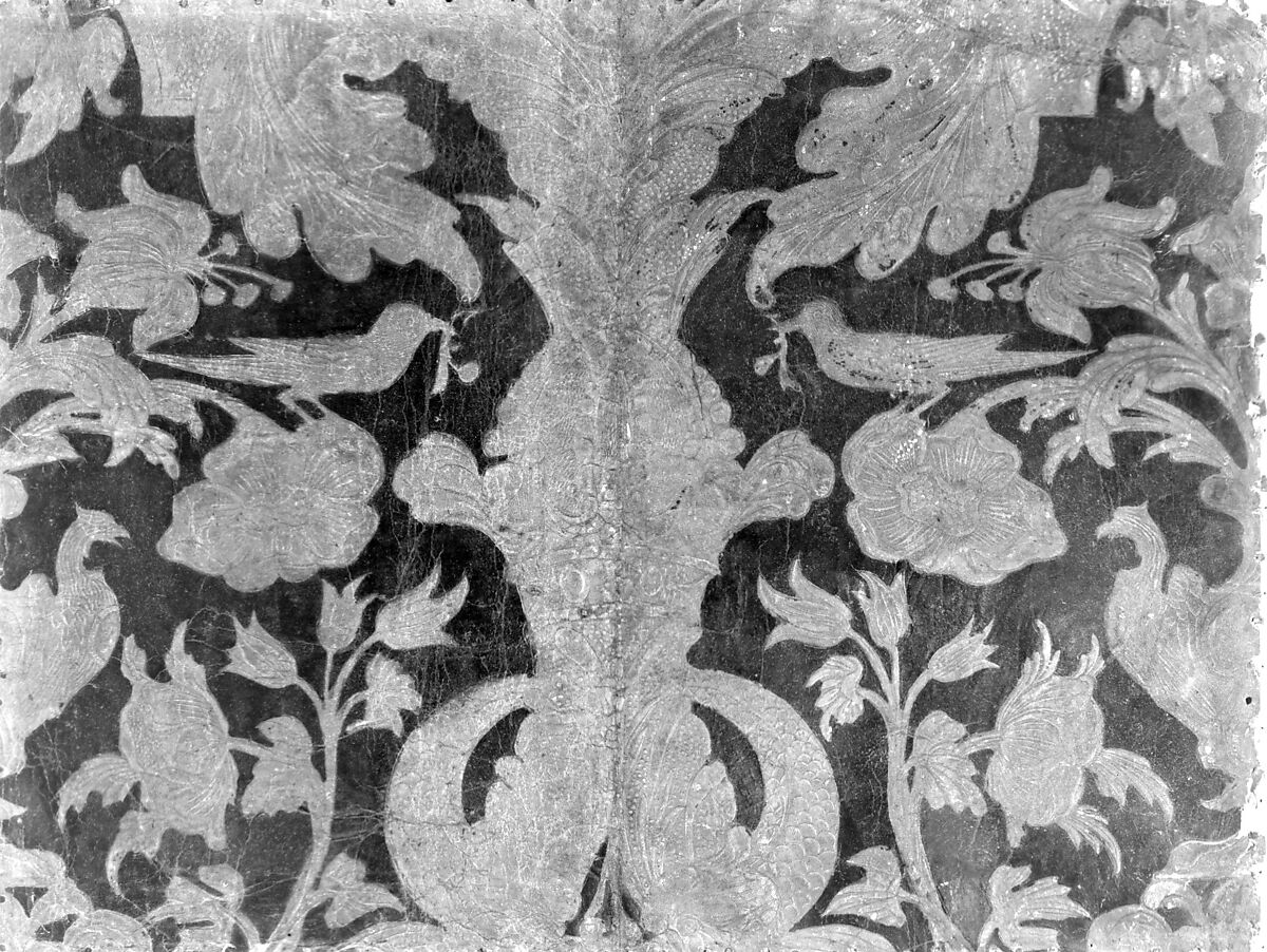 Three leather panels, Leather mounted on canvas and wooden frames, probably French