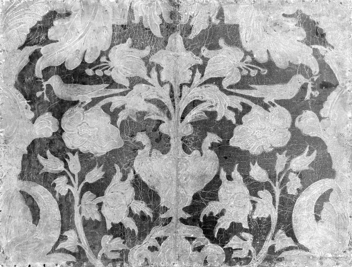 Three leather panels, Leather mounted on canvas and wooden frames, probably French