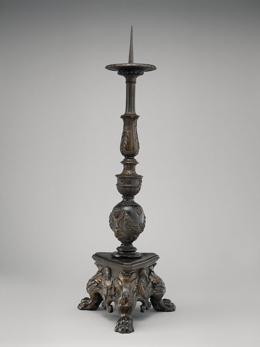 Altar candlestick with busts in relief of Saints Peter and Paul (one of a pair), Workshop of Vincenzo Grandi (mentioned 1507–1577/78), Bronze, partially oil-gilt, Northern Italian 