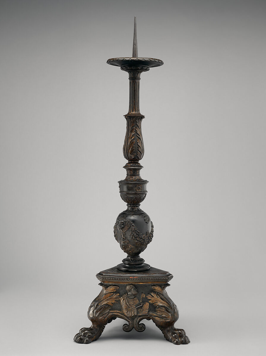 Altar candlestick with busts in relief of Saints Peter and Paul (one of a pair), Workshop of Vincenzo Grandi (mentioned 1507–1577/78), Bronze, partially oil-gilt, Northern Italian