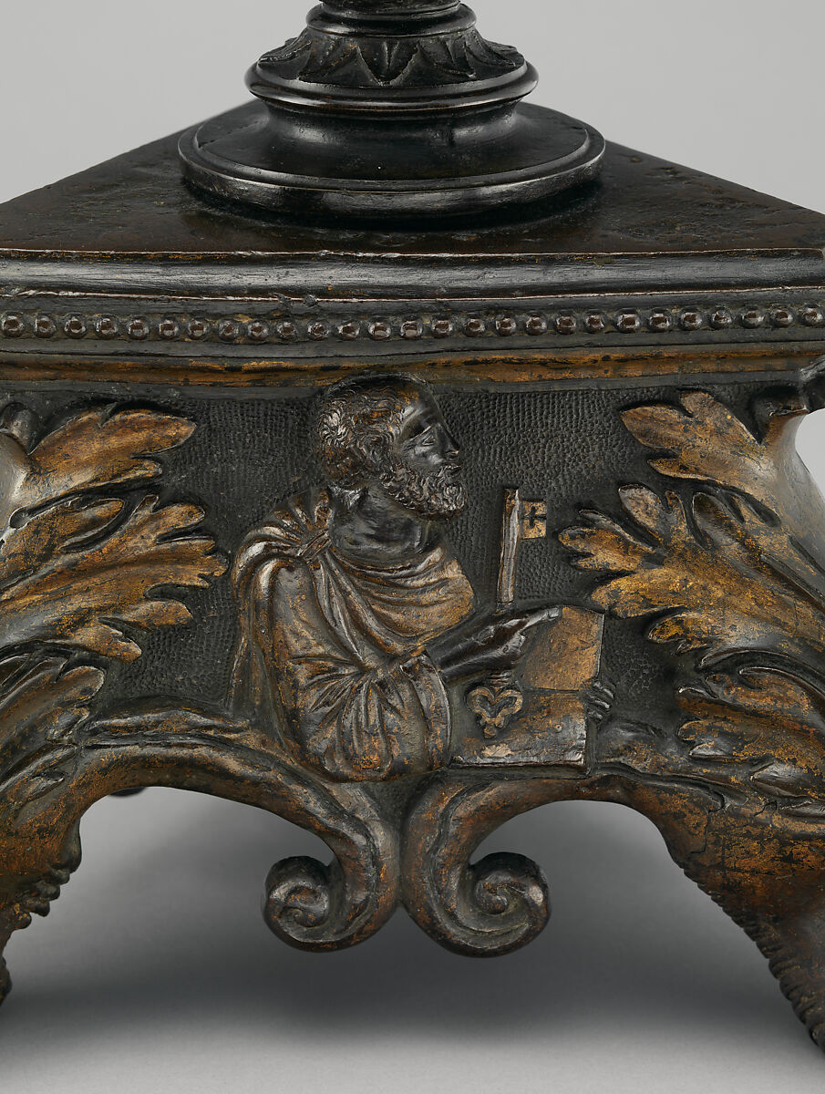 Altar candlestick with busts in relief of Saints Peter and Paul (one of a pair), Workshop of Vincenzo Grandi (mentioned 1507–1577/78), Bronze, partially oil-gilt, Northern Italian