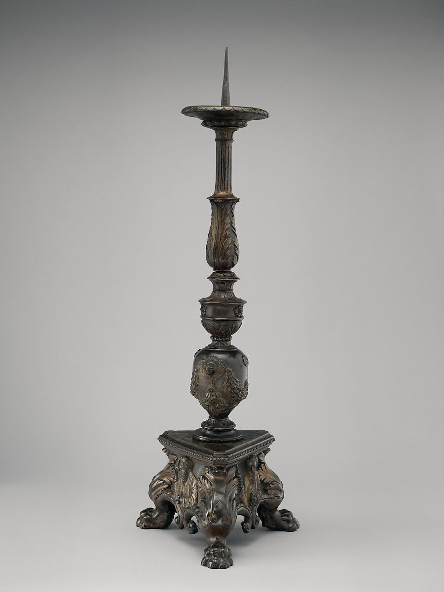 Altar candlestick with busts in relief of Saints Peter and Paul (one of a pair), Workshop of Vincenzo Grandi (mentioned 1507–1577/78), Bronze, partially oil-gilt, Northern Italian 