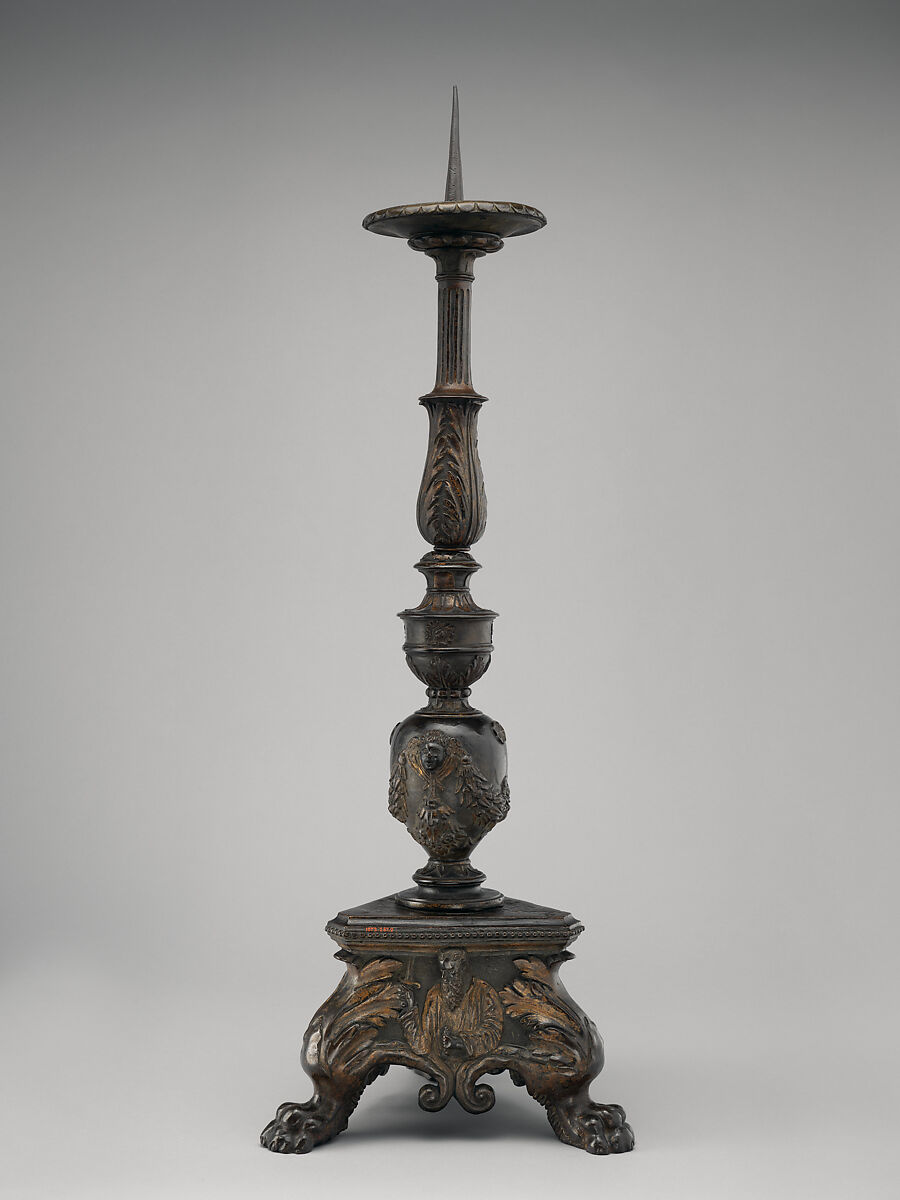 Altar candlestick with busts in relief of Saints Peter and Paul (one of a pair), Workshop of Vincenzo Grandi (mentioned 1507–1577/78), Bronze, partially oil-gilt, Northern Italian