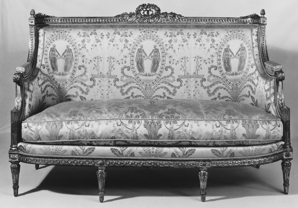Sofa (part of a set), Jean-Baptiste-Bernard Demay (1759–1849, master 1784), Carved and gilded walnut, modern silk lampas, French 