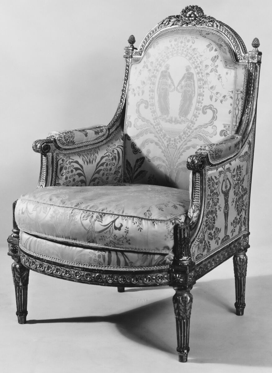 Armchair (Bergère à la reine) (one of a pair) (part of a set), Jean-Baptiste-Bernard Demay (1759–1849, master 1784), Carved and gilded walnut, modern silk lampas, French