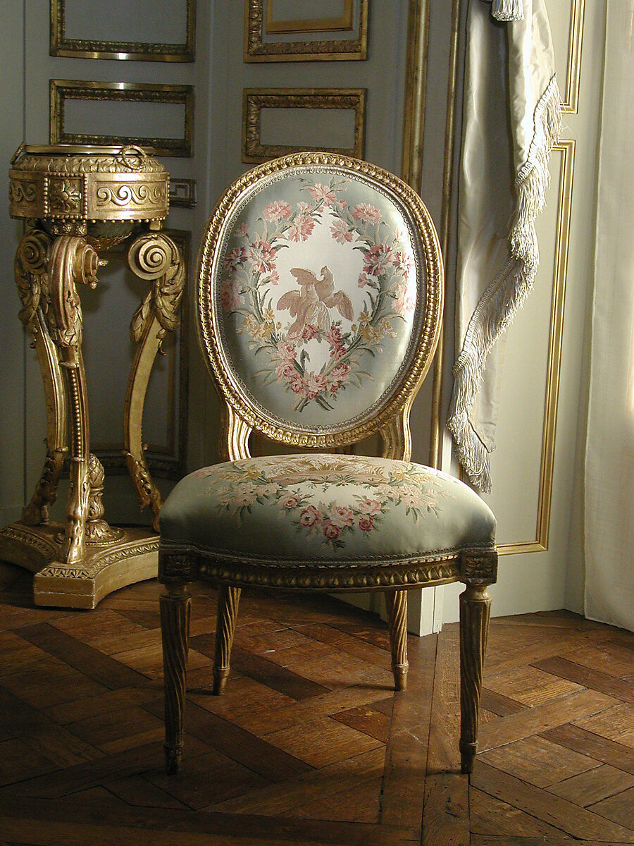 Side chair (one of a pair), Jean-Jacques Pothier (master 1750, working until ca. 1780), Carved and gilded beech, silk moire upholstery, French 
