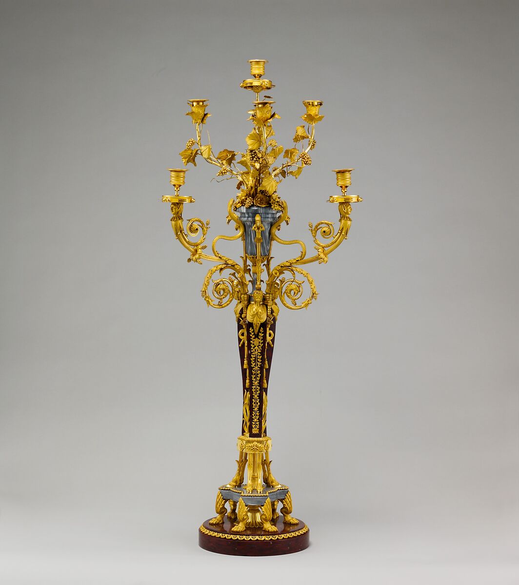 Pair of seven-light candelabra (candélabres or girandoles), Gilt bronze, griotte marble, bardiglio marble, French