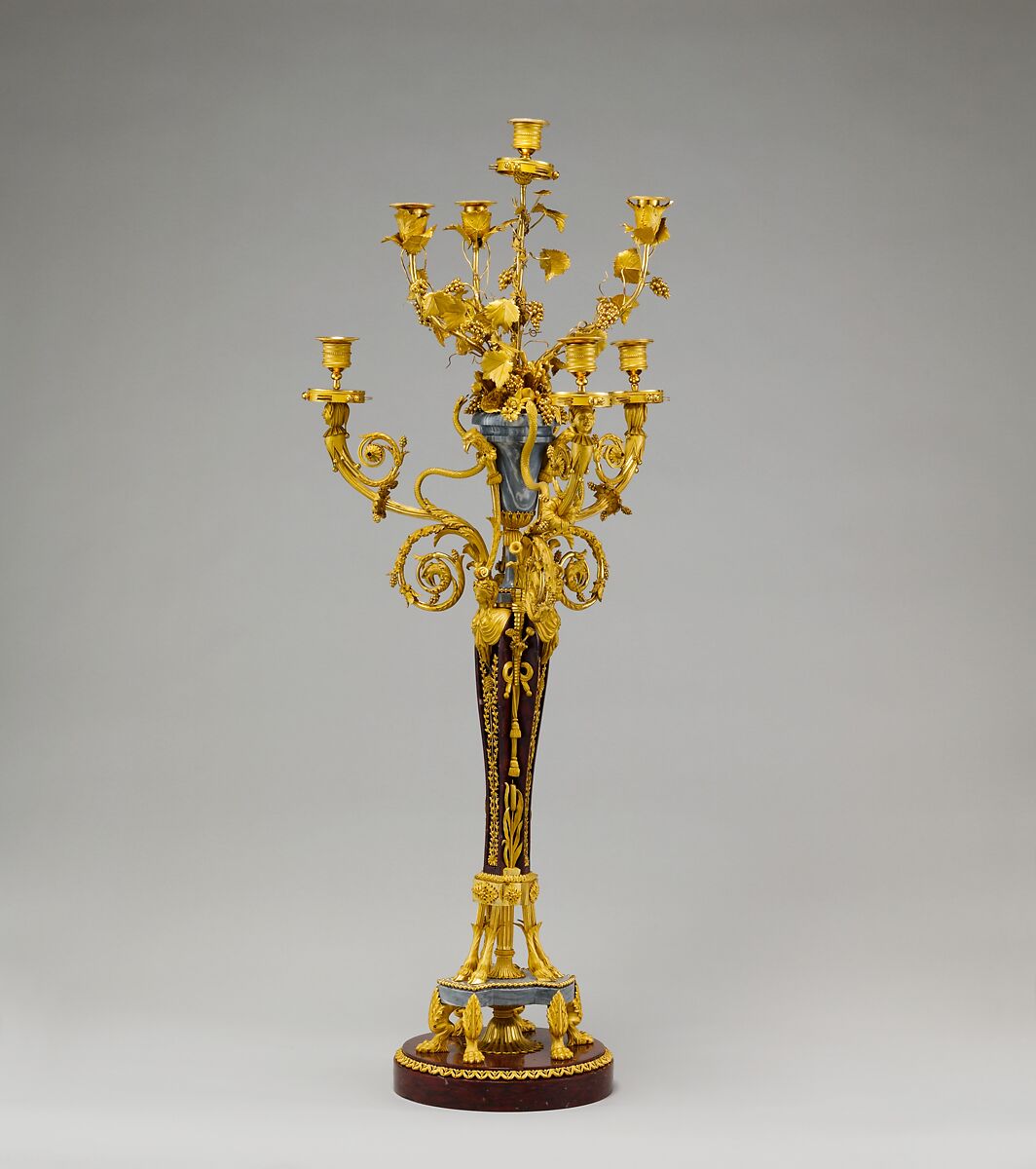 Pair of seven-light candelabra (candélabres or girandoles), Gilt bronze, griotte marble, bardiglio marble, French 