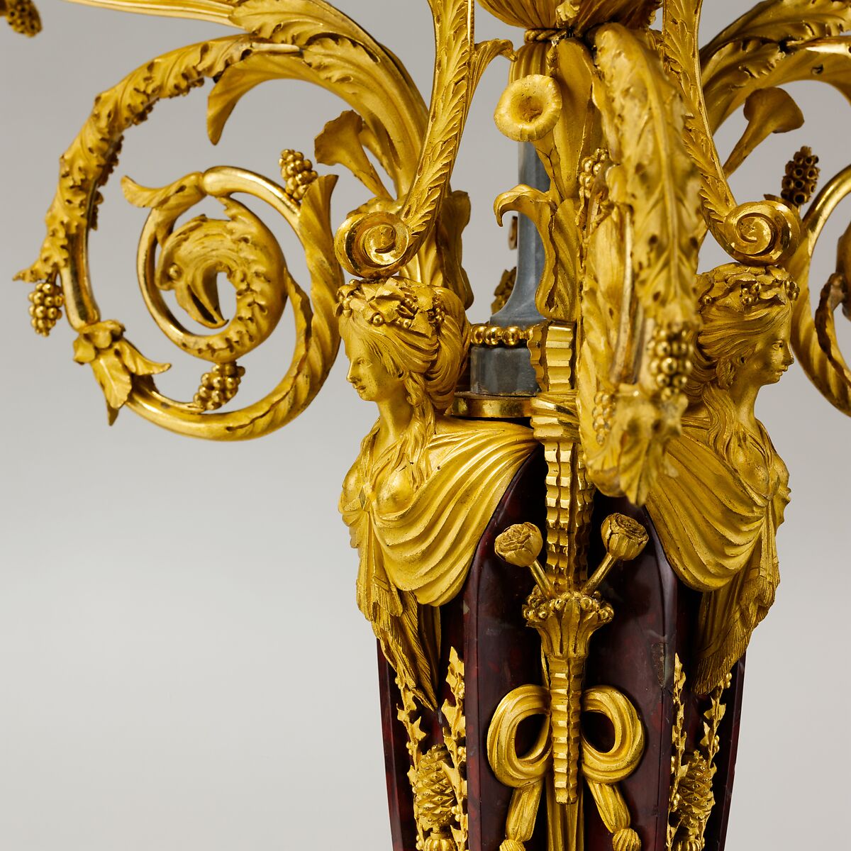 Pair of seven-light candelabra (candélabres or girandoles), Gilt bronze, griotte marble, bardiglio marble, French
