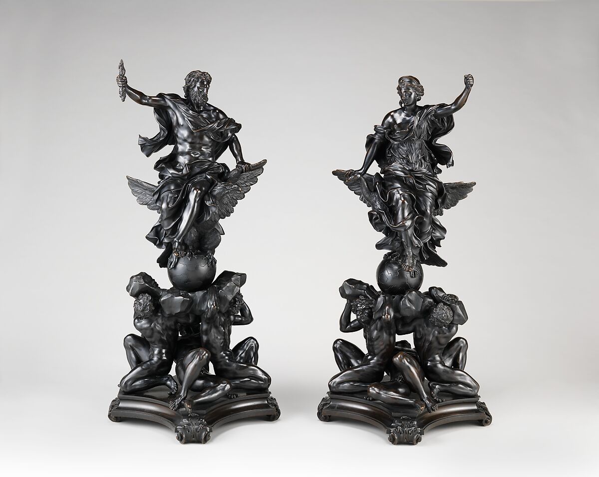 Andiron with figure of Jupiter (chenet) (one of a pair), After models by Alessandro Algardi (Italian, Bologna 1598–1654 Rome), Bronze, probably cast in France 