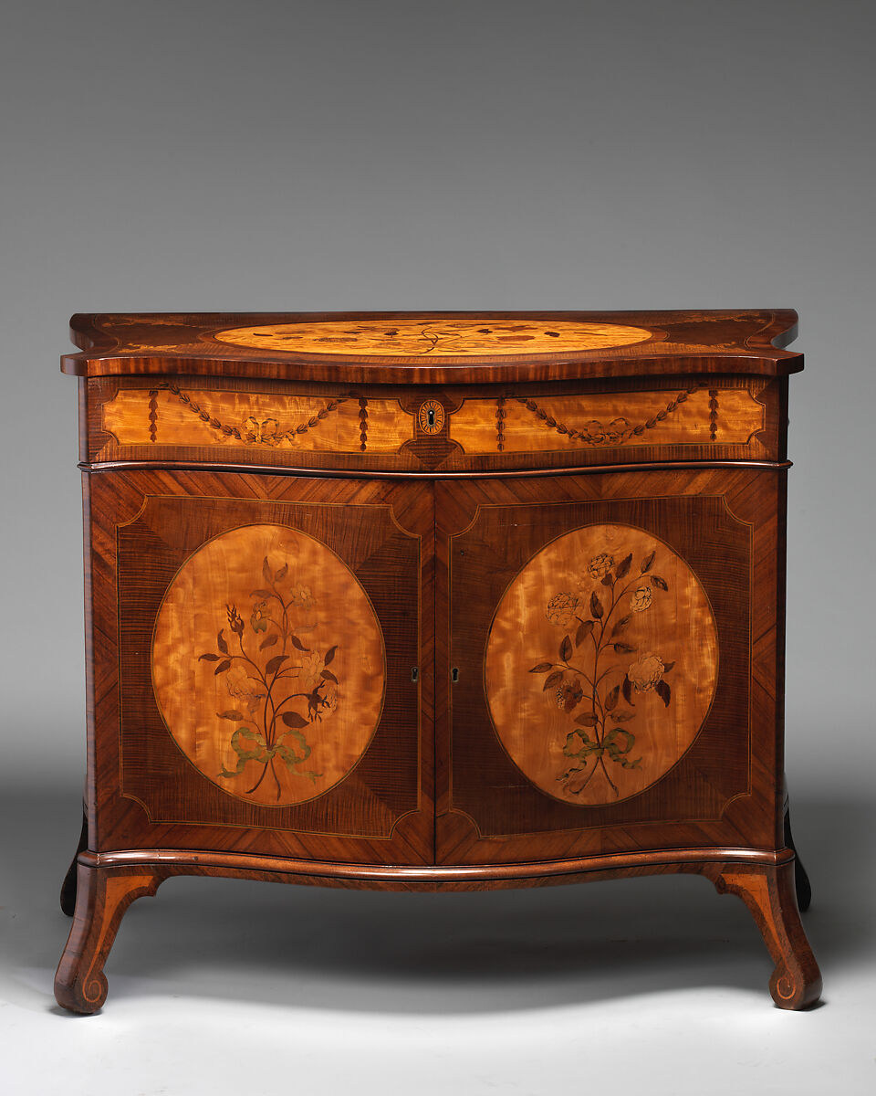 Commode, Pine carcase, harewood veneer crossbanded with rosewood, inlay of various fruitwoods, British