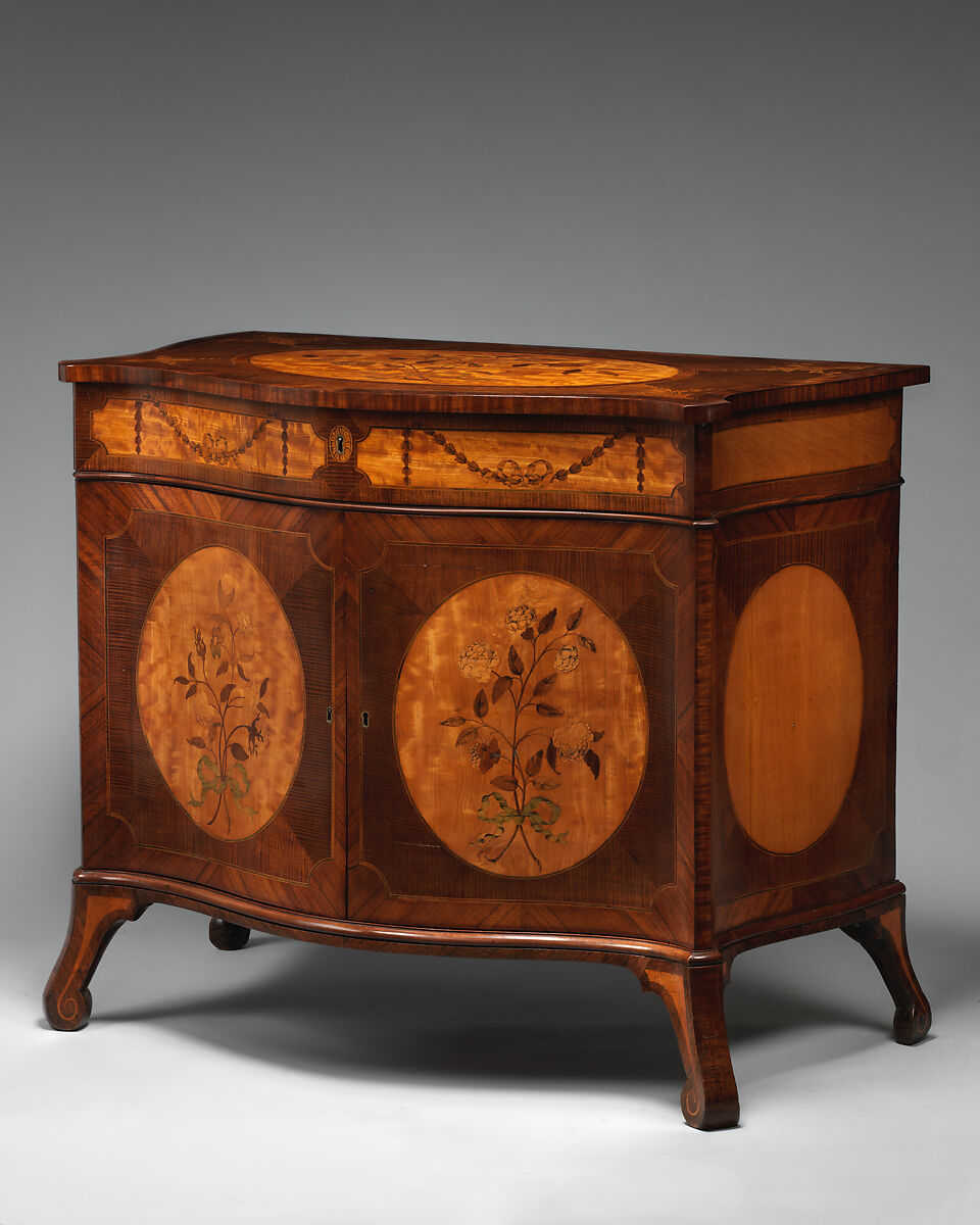 Commode, Pine carcase, harewood veneer crossbanded with rosewood, inlay of various fruitwoods, British 