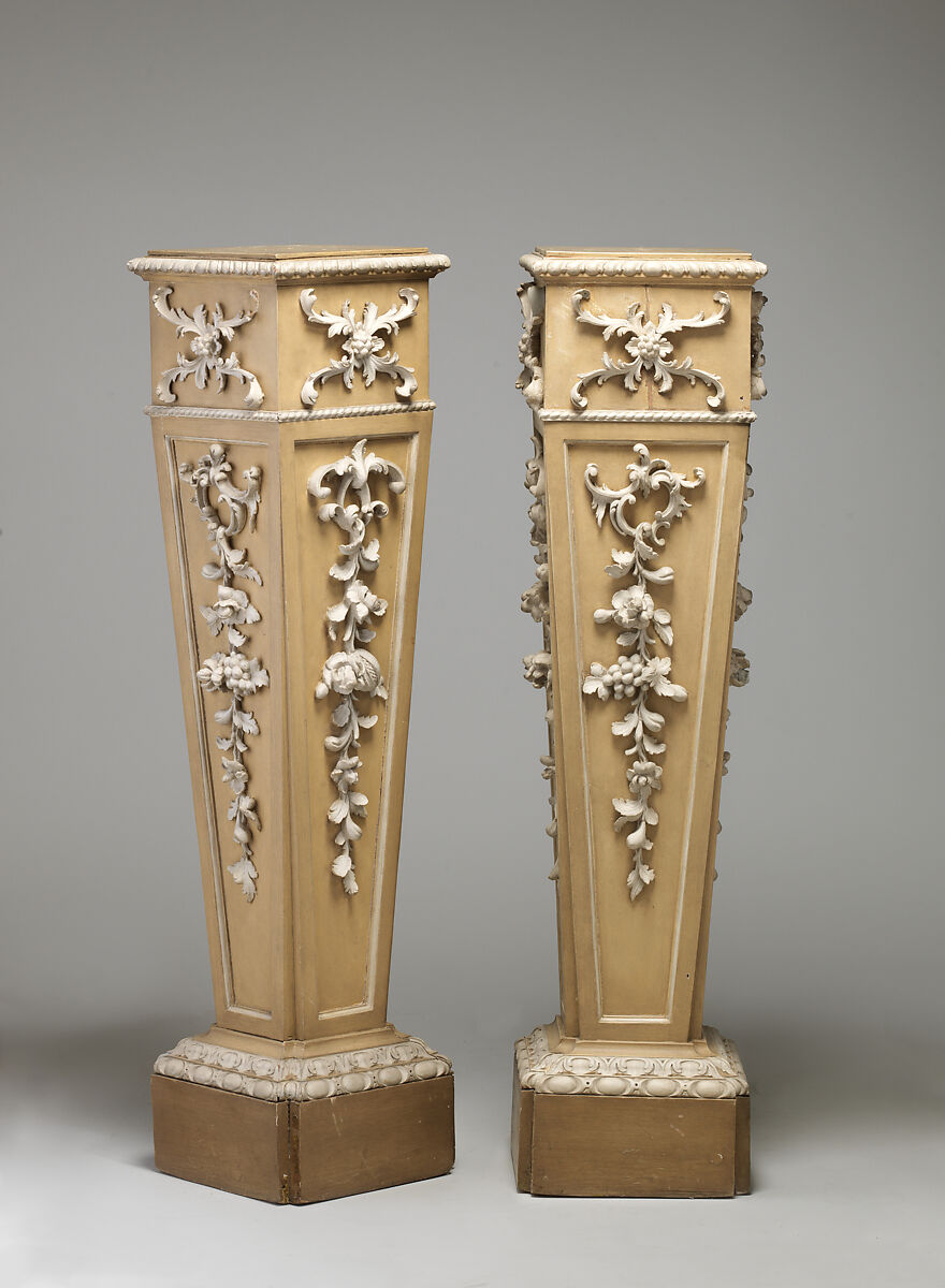 Pair of pedestals, Pine, painted in pale yellow and white, British 