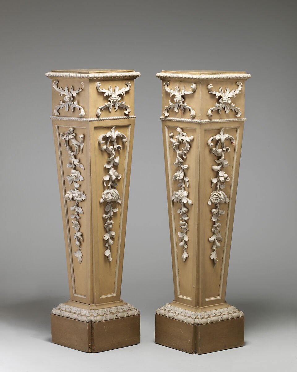 Pair of pedestals, Pine, painted in pale yellow and white, British